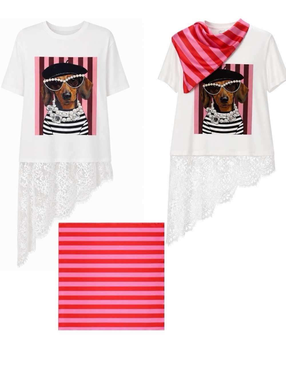 New Denim Love Dachshund Brown Dog White Lace Edge T-Shirt Red Pink Stripe Scarf